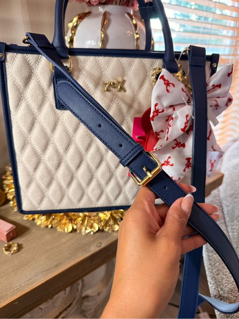 Betsy Johnson Quilted Cream & Navy Tote with Red Lobster Charm - Picture 7 of 9